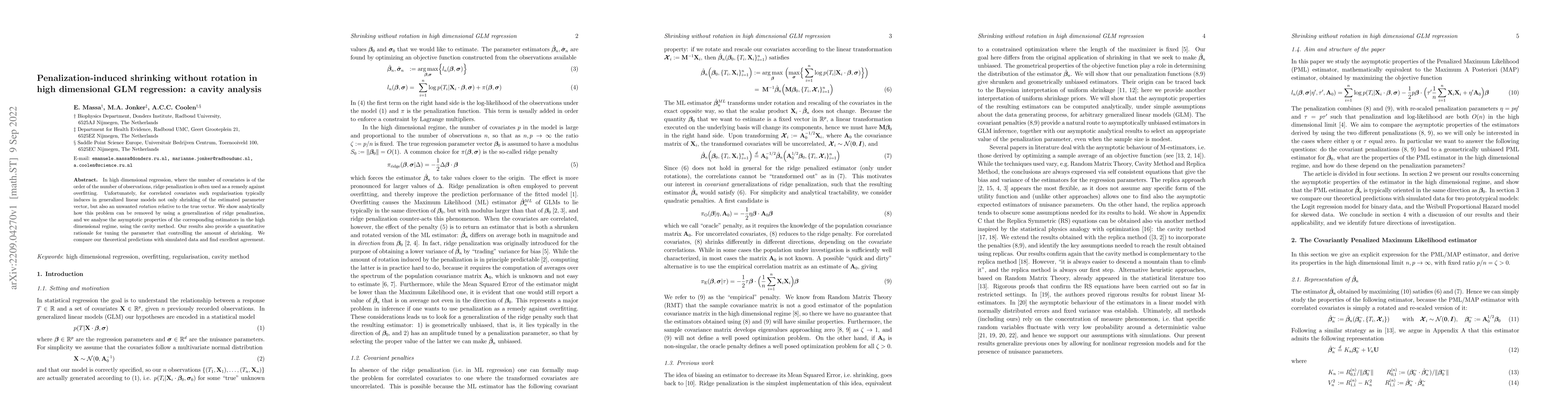 Thumbnail for Penalization-induced shrinking without rotation in high dimensional GLM
  regression: a cavity analysis