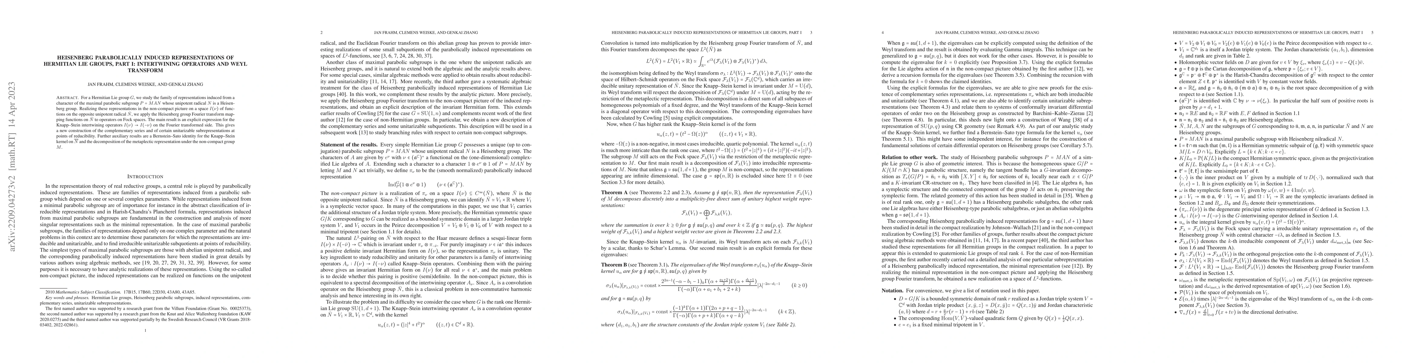 Thumbnail for Heisenberg parabolically induced representations of Hermitian Lie
  groups, Part I: Unitarity and subrepresentations