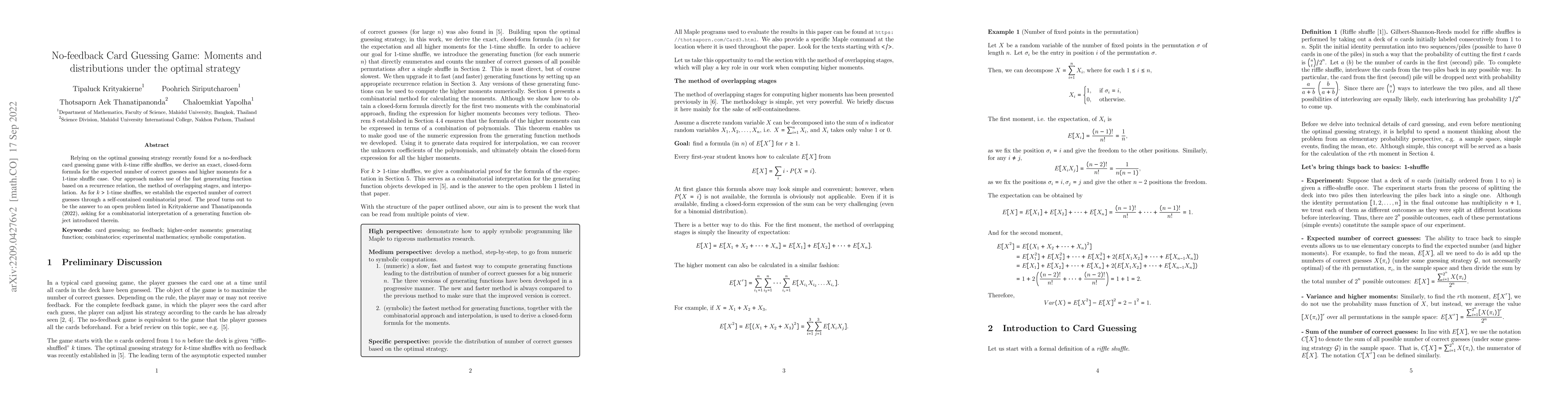 Thumbnail for No-feedback Card Guessing Game: Moments and distributions under the
  optimal strategy