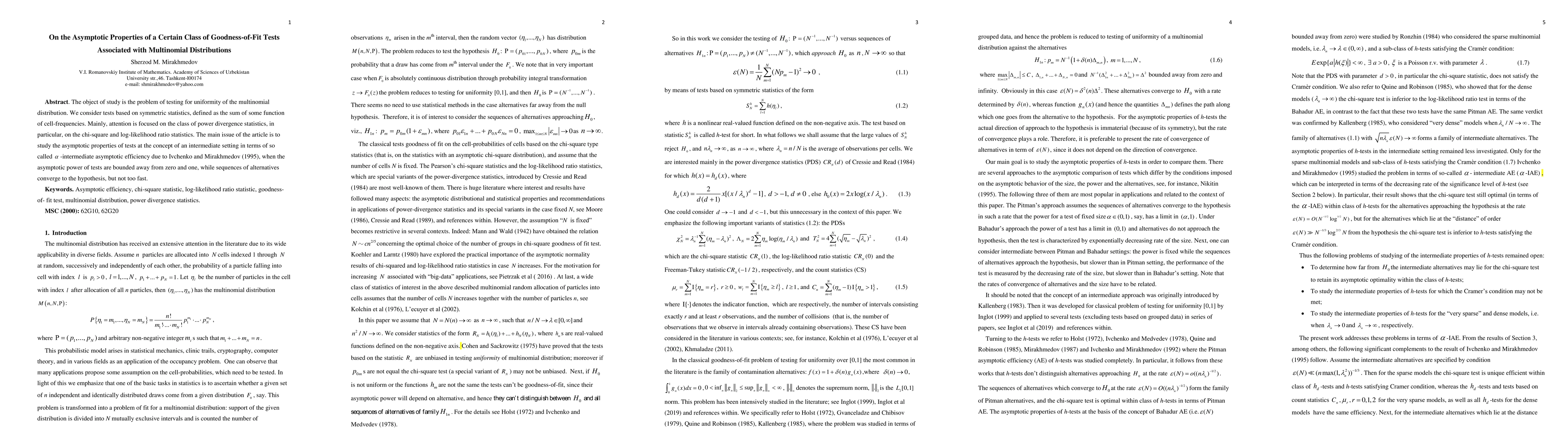 Thumbnail for On the Asymptotic Properties of a Certain Class of Goodness-of-Fit Tests
  Associated with Multinomial Distributions
