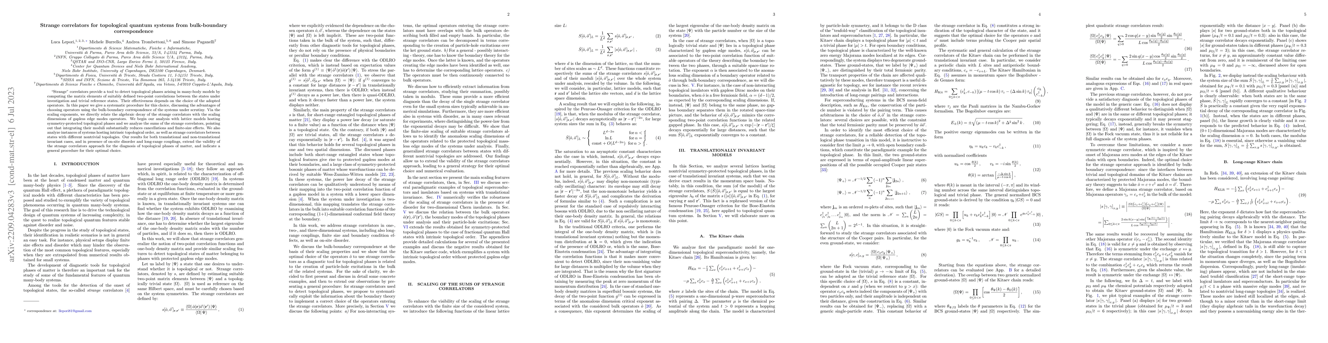 Thumbnail for Strange correlators for topological quantum systems from bulk-boundary
  correspondence