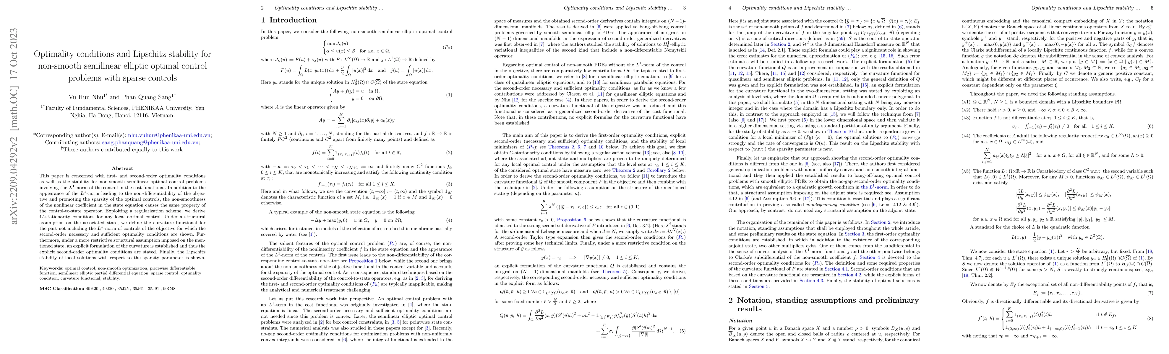 Thumbnail for Optimality conditions and Lipschitz stability for non-smooth semilinear
  elliptic optimal control problems with sparse controls