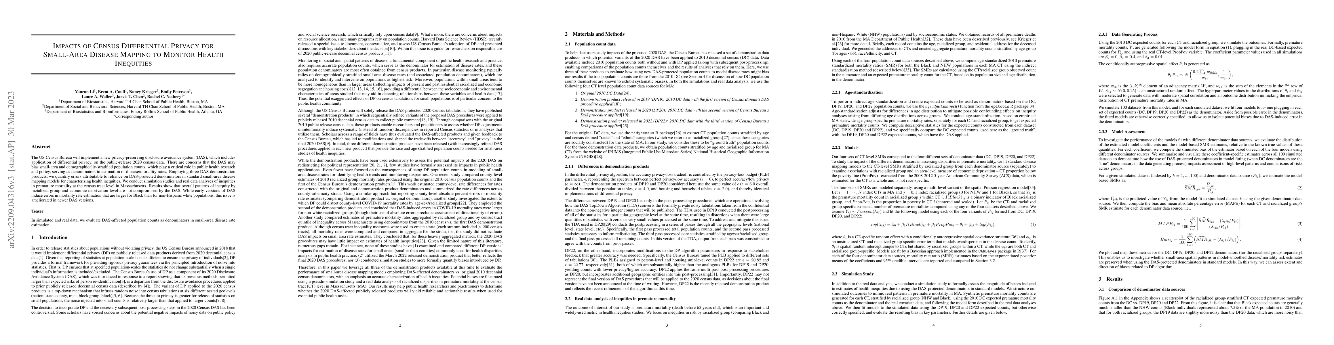 Thumbnail for Impacts of Census Differential Privacy for Small-Area Disease Mapping to
  Monitor Health Inequities