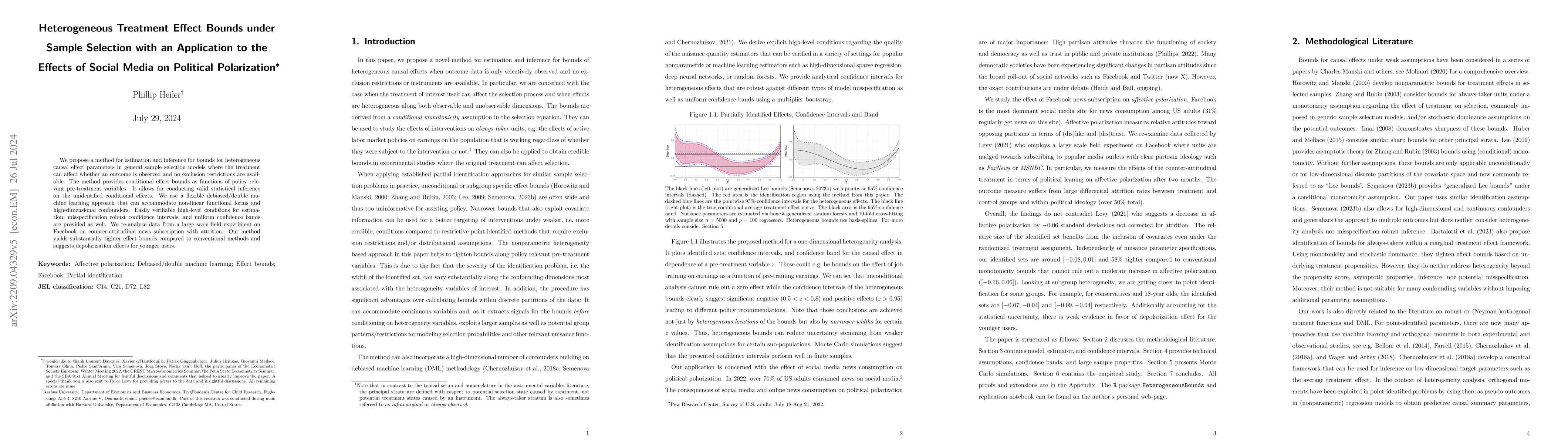 Thumbnail for Heterogeneous Treatment Effect Bounds under Sample Selection with an
  Application to the Effects of Social Media on Political Polarization