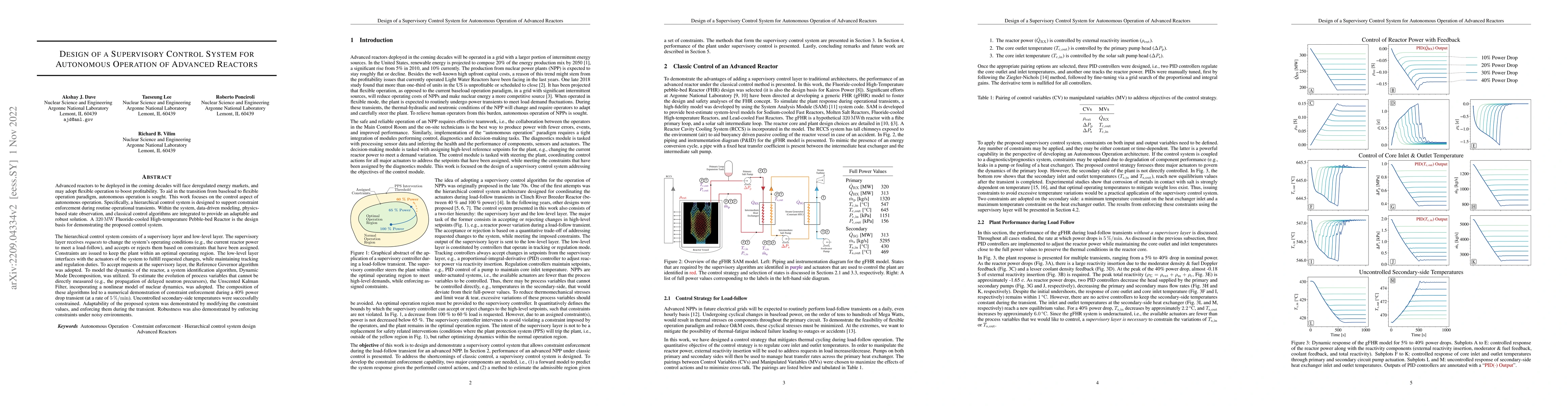 Thumbnail for Design of a Supervisory Control System for Autonomous Operation of
  Advanced Reactors
