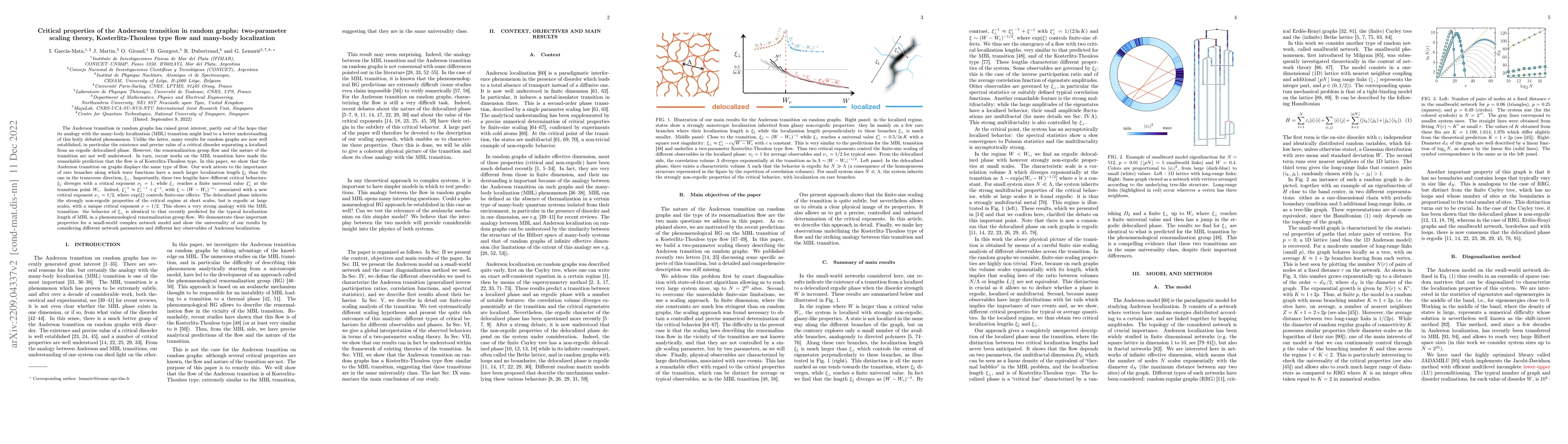 Thumbnail for Critical properties of the Anderson transition in random graphs:
  two-parameter scaling theory, Kosterlitz-Thouless type flow and many-body
  localization