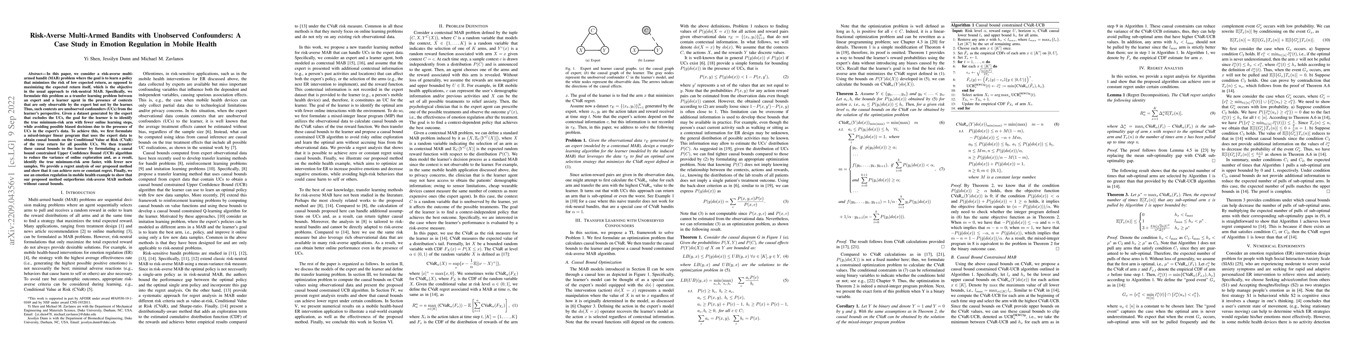 Thumbnail for Risk-Averse Multi-Armed Bandits with Unobserved Confounders: A Case
  Study in Emotion Regulation in Mobile Health