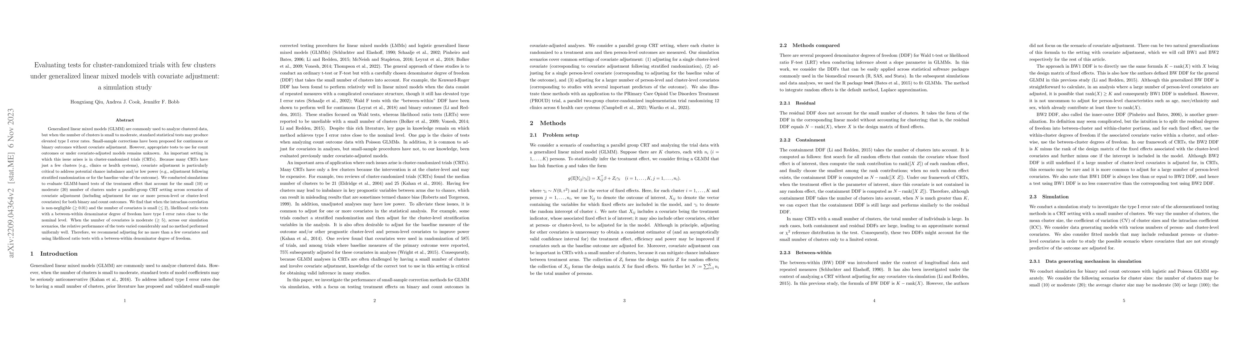Thumbnail for Evaluating tests for cluster-randomized trials with few clusters under
  generalized linear mixed models with covariate adjustment: a simulation study