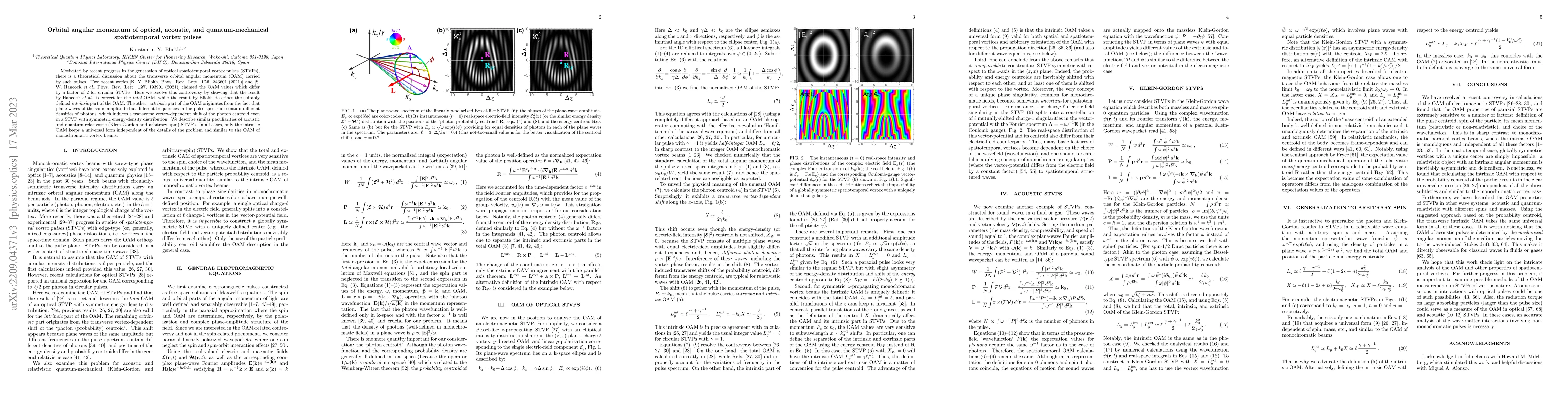 Thumbnail for Orbital angular momentum of optical, acoustic, and quantum-mechanical
  spatiotemporal vortex pulses