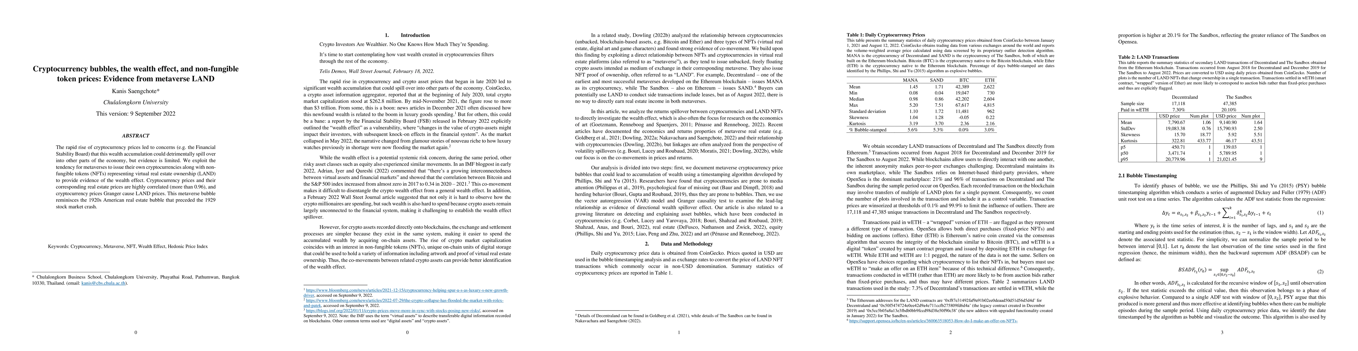 Thumbnail for Cryptocurrency bubbles, the wealth effect, and non-fungible token
  prices: Evidence from metaverse LAND