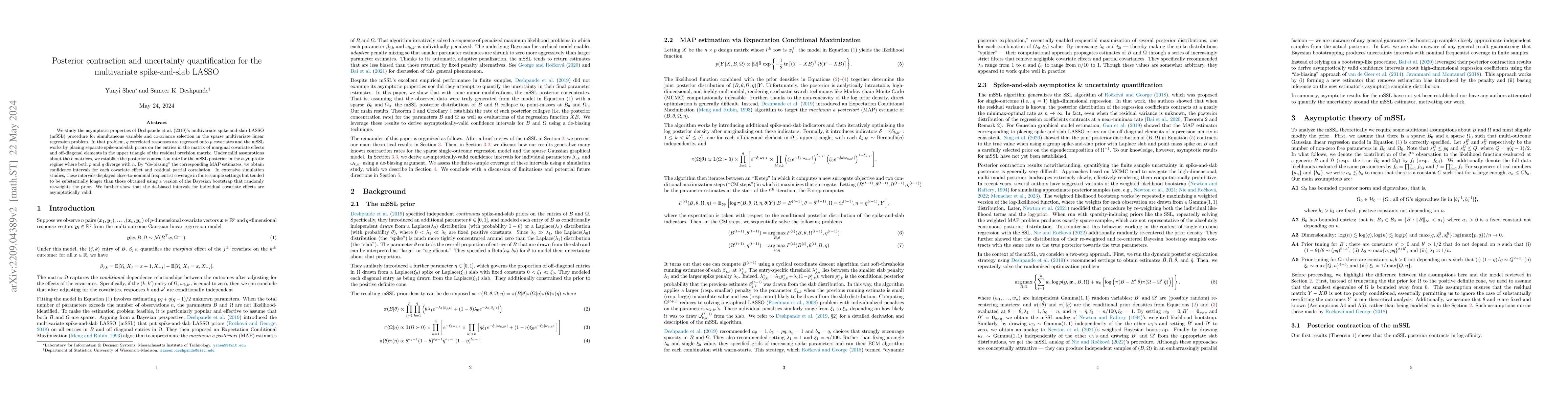 Thumbnail for Posterior contraction and uncertainty quantification for the
  multivariate spike-and-slab LASSO