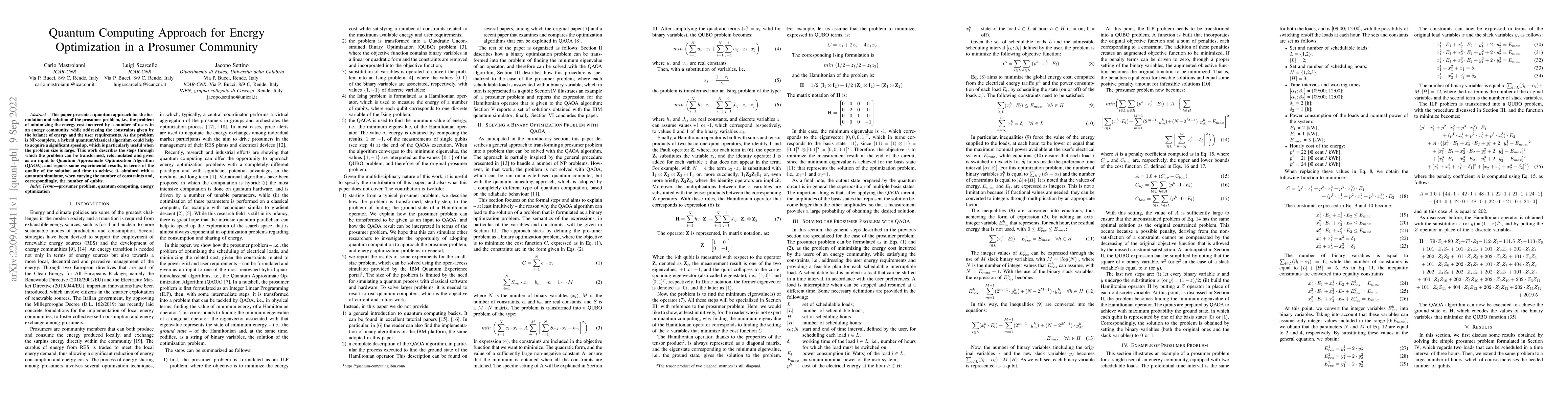 Thumbnail for Quantum Computing Approach for Energy Optimization in a Prosumer
  Community