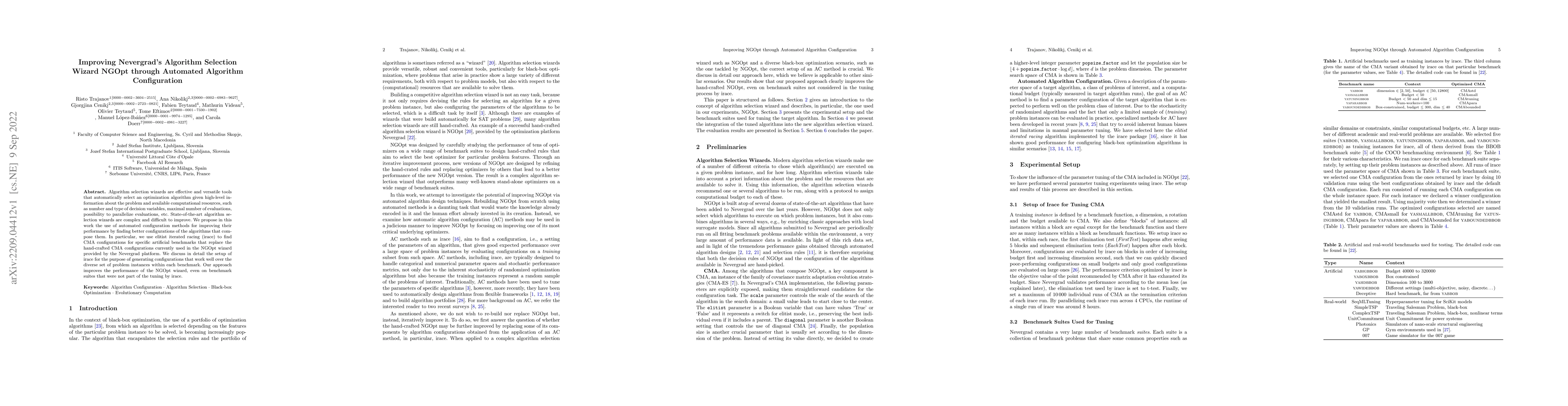 Thumbnail for Improving Nevergrad's Algorithm Selection Wizard NGOpt through Automated
  Algorithm Configuration