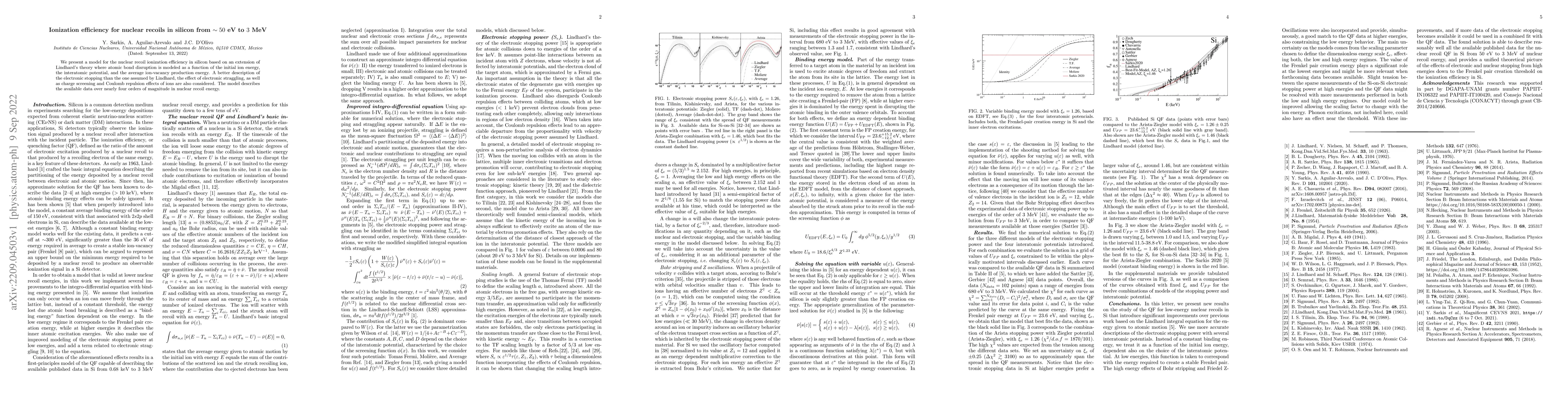 Thumbnail for Ionization efficiency for nuclear recoils in silicon from $\sim 50$ eV
  to $3$ MeV