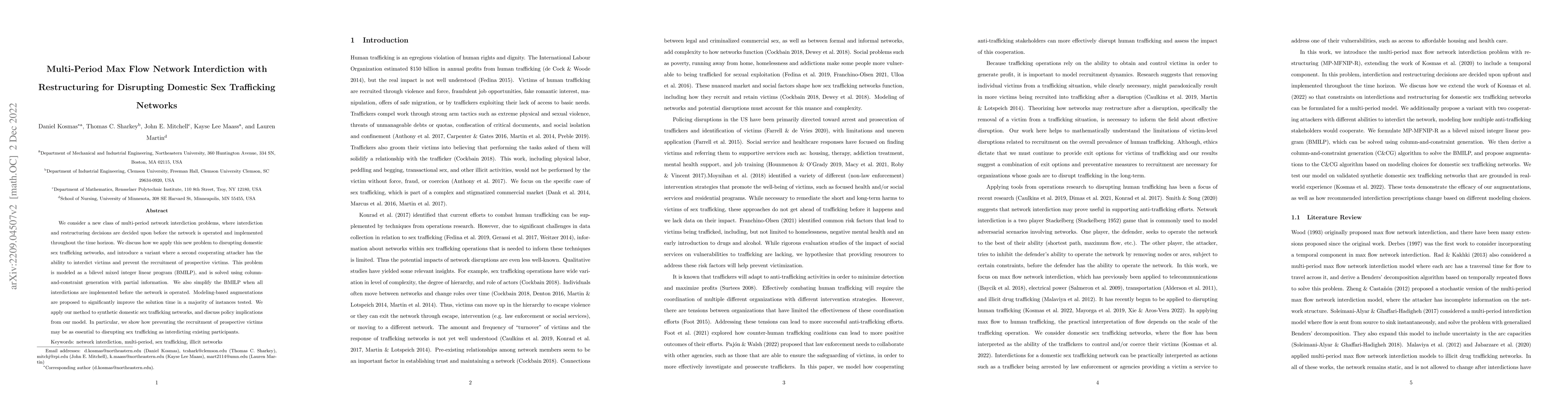 Thumbnail for Multi-Period Max Flow Network Interdiction with Restructuring for
  Disrupting Domestic Sex Trafficking Networks