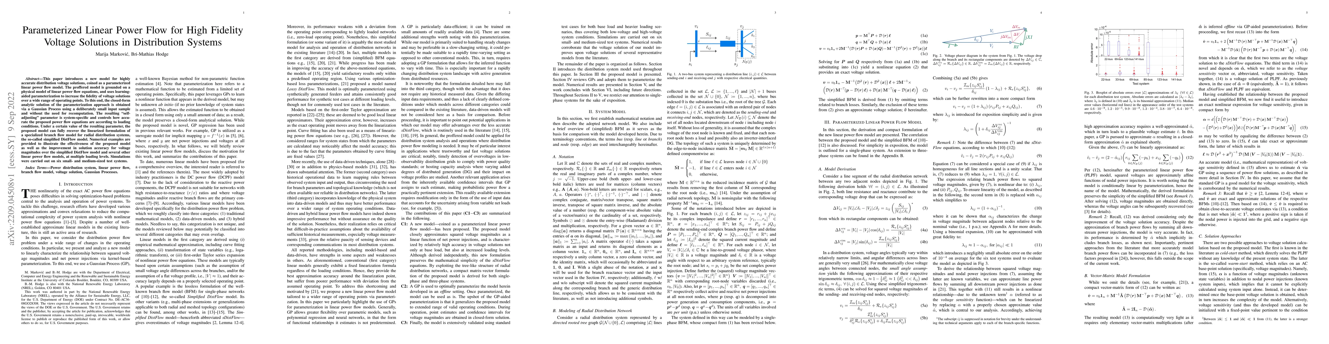 Thumbnail for Parameterized Linear Power Flow for High Fidelity Voltage Solutions in
  Distribution Systems