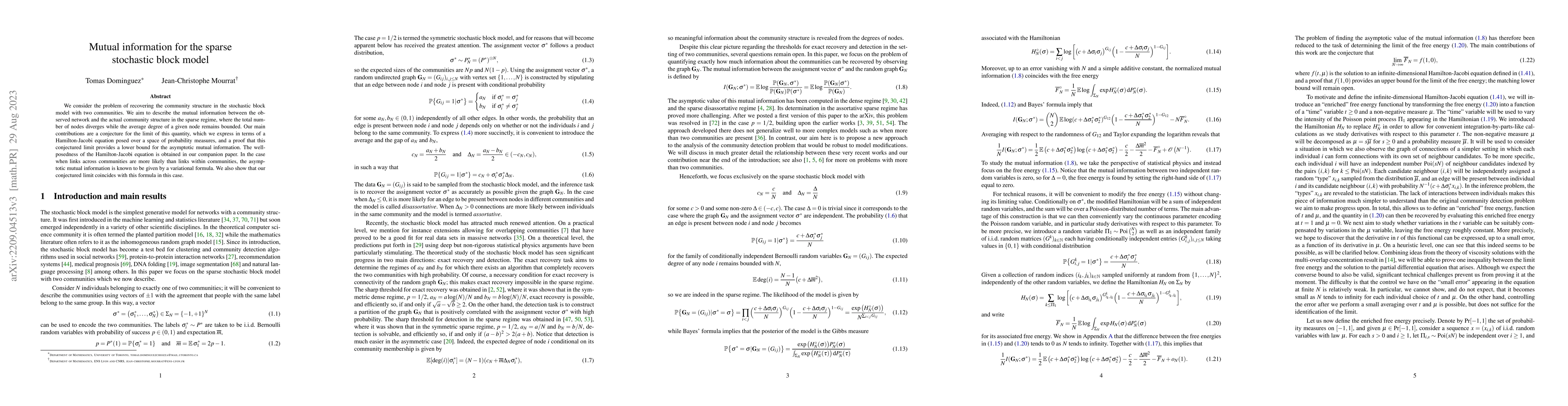Thumbnail for Mutual information for the sparse stochastic block model