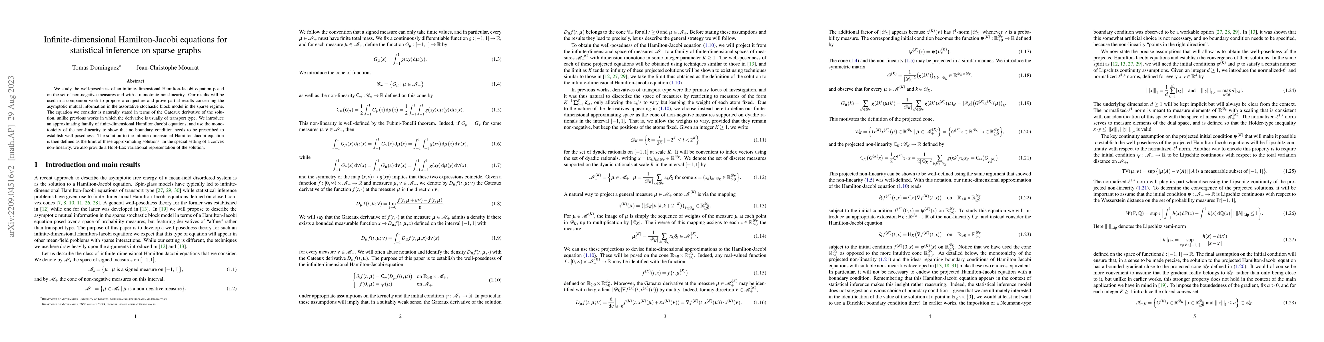 Thumbnail for Infinite-dimensional Hamilton-Jacobi equations for statistical inference
  on sparse graphs