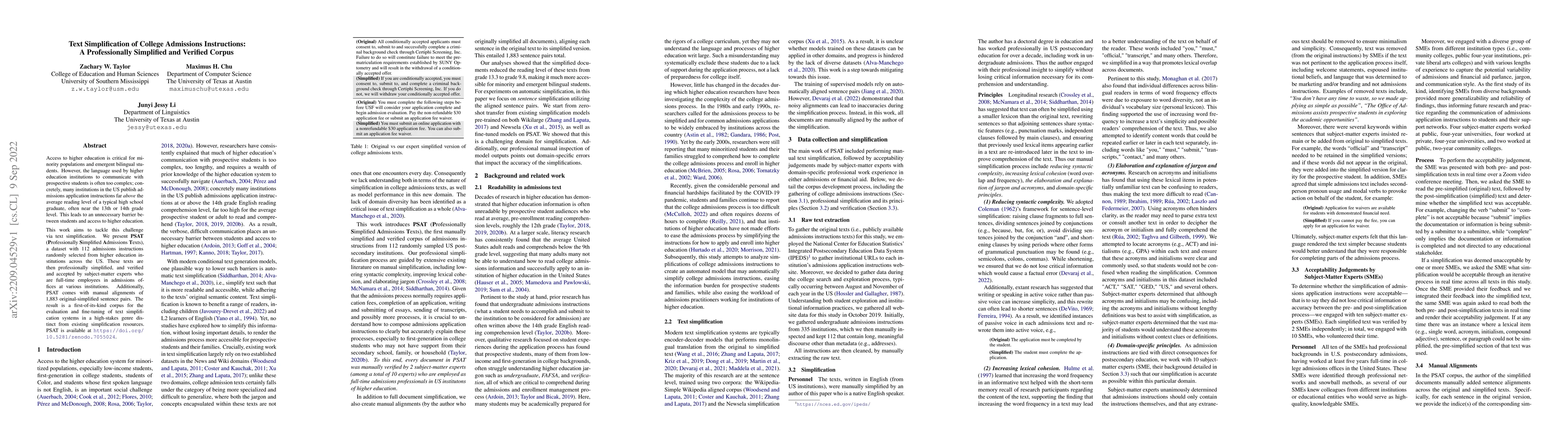 Thumbnail for Text Simplification of College Admissions Instructions: A Professionally
  Simplified and Verified Corpus
