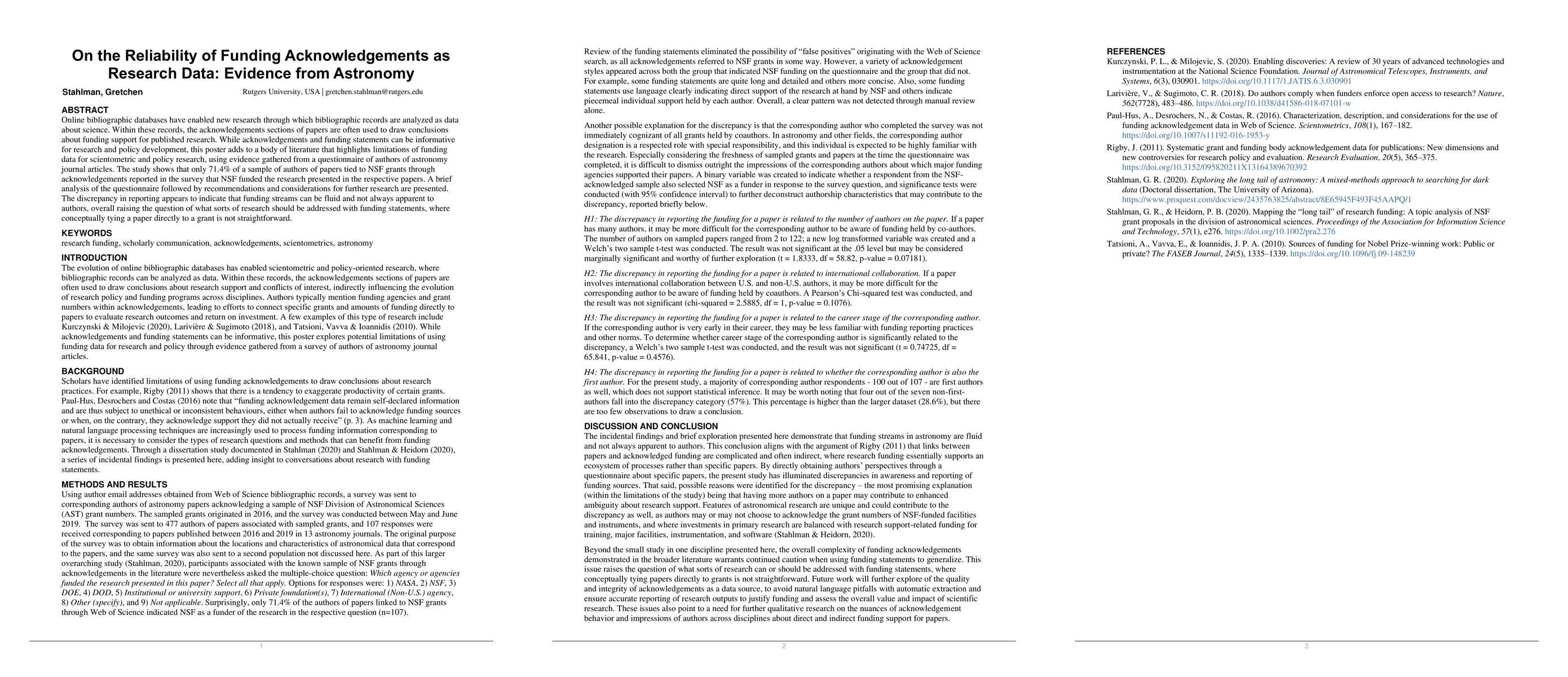 Thumbnail for On the Reliability of Funding Acknowledgements as Research Data:
  Evidence from Astronomy