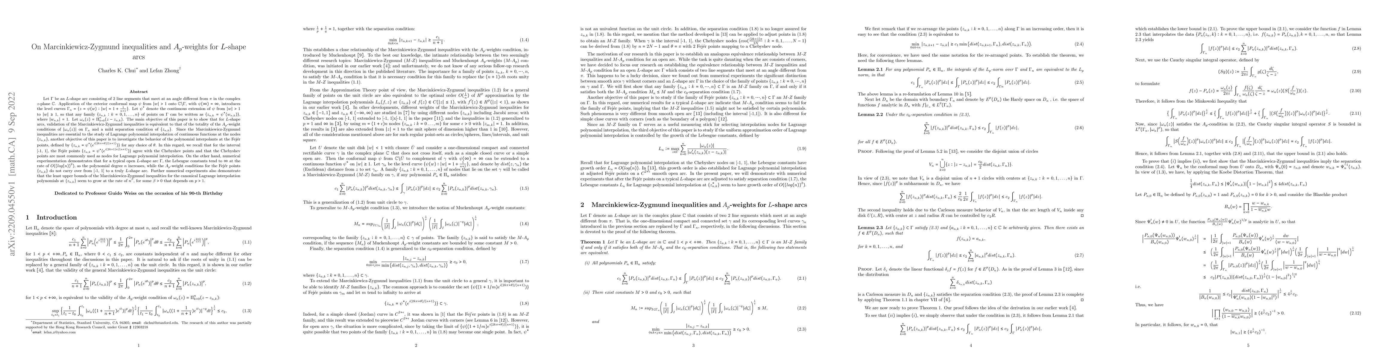 Thumbnail for On Marcinkiewicz-Zygmund inequalities and $A_p$-weights for $L$-shape
  arcs