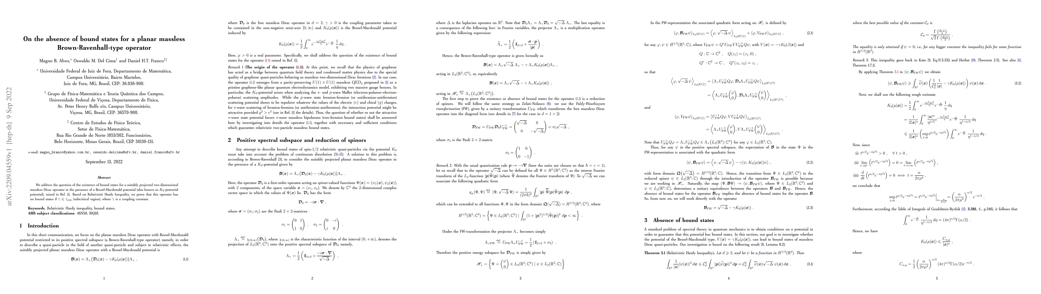 Thumbnail for On the absence of bound states for a planar massless
  Brown-Ravenhall-type operator