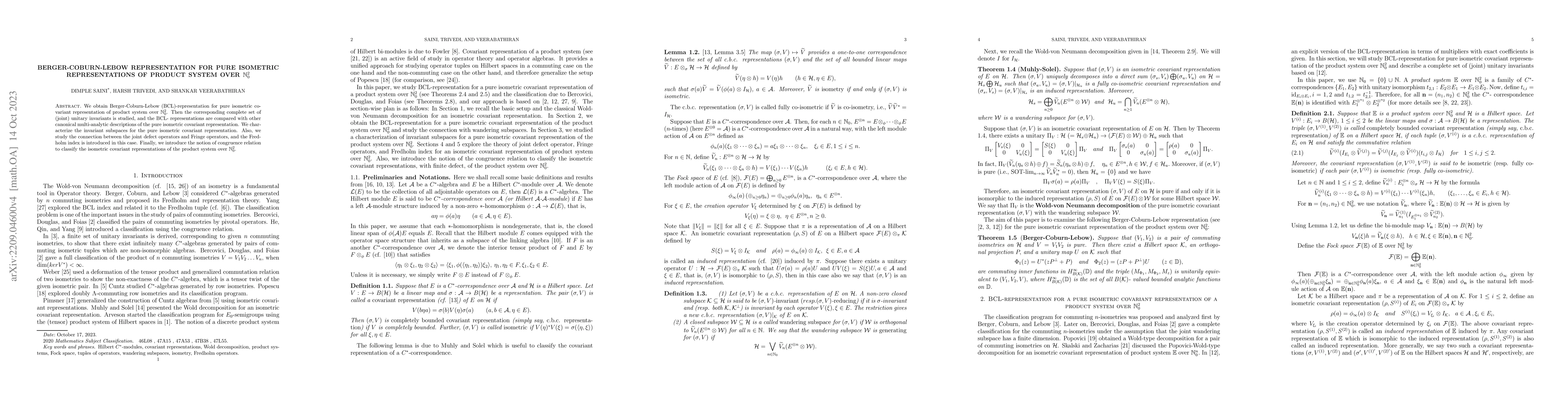 Thumbnail for Berger-Coburn-Lebow representation for pure isometric representations of
  product system over $\mathbb N^2_0$