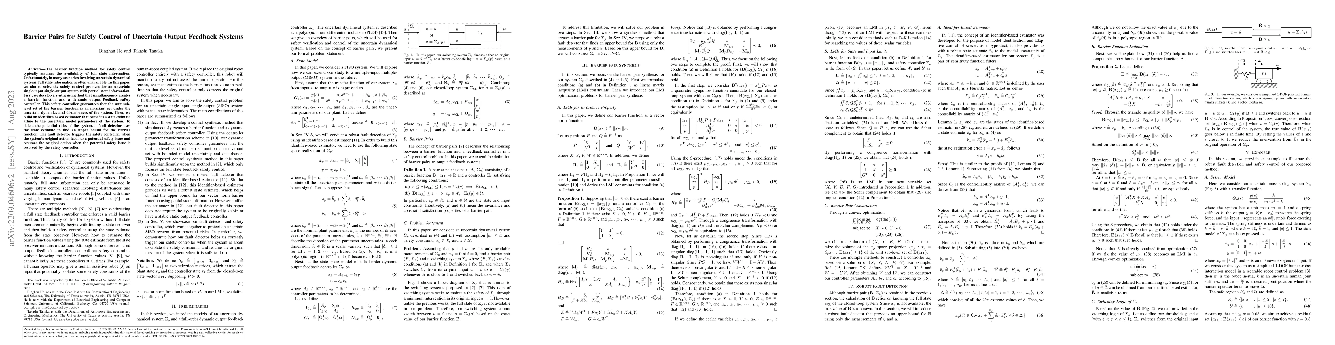 Thumbnail for Barrier Pairs for Safety Control of Uncertain Output Feedback Systems