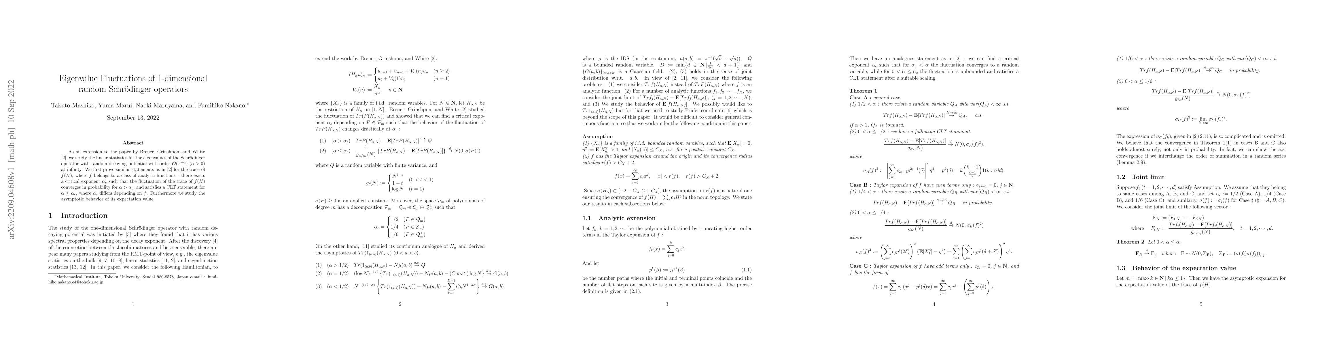 Thumbnail for Eigenvalue Fluctuations of 1-dimensional random Schr\"odinger operators