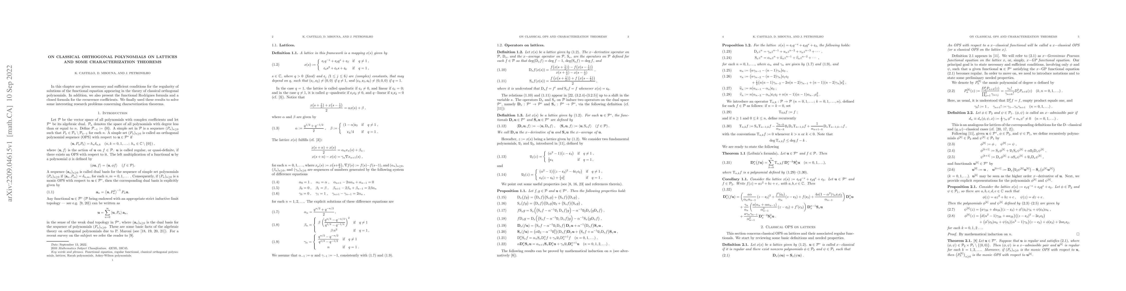 Thumbnail for On classical orthogonal polynomials on lattices and some
  characterization theorems