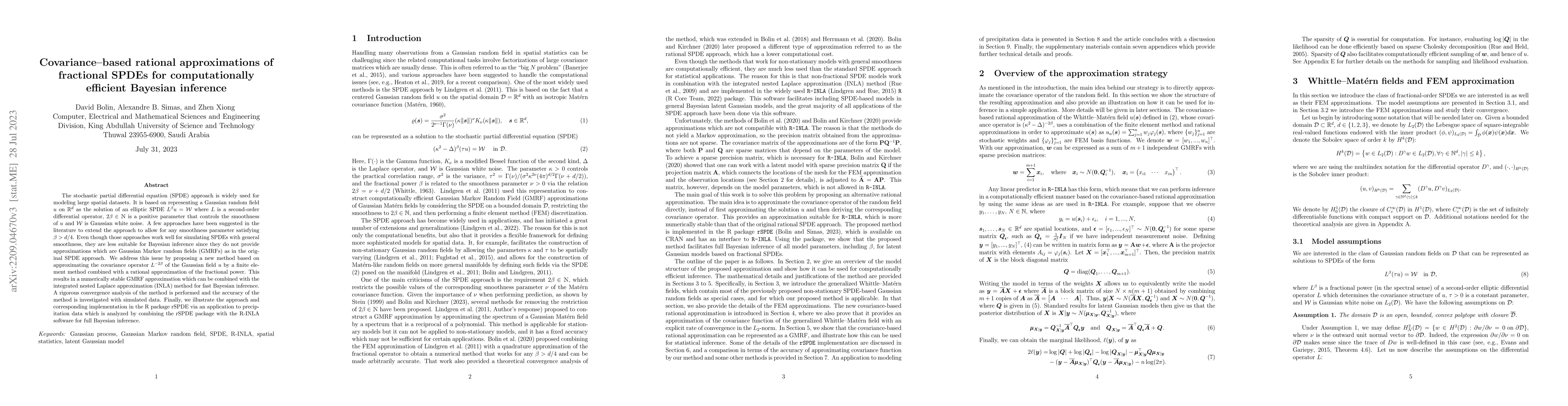 Thumbnail for Covariance-based rational approximations of fractional SPDEs for
  computationally efficient Bayesian inference