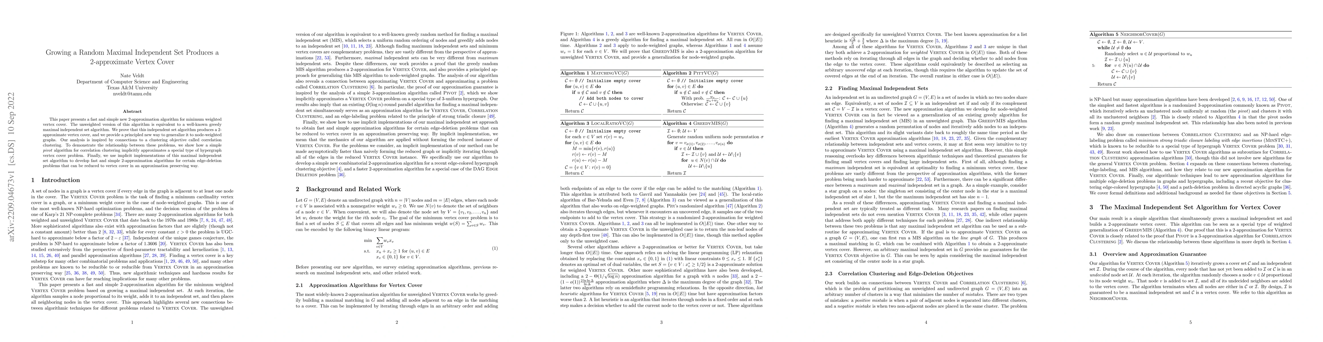 Thumbnail for Growing a Random Maximal Independent Set Produces a 2-approximate Vertex
  Cover