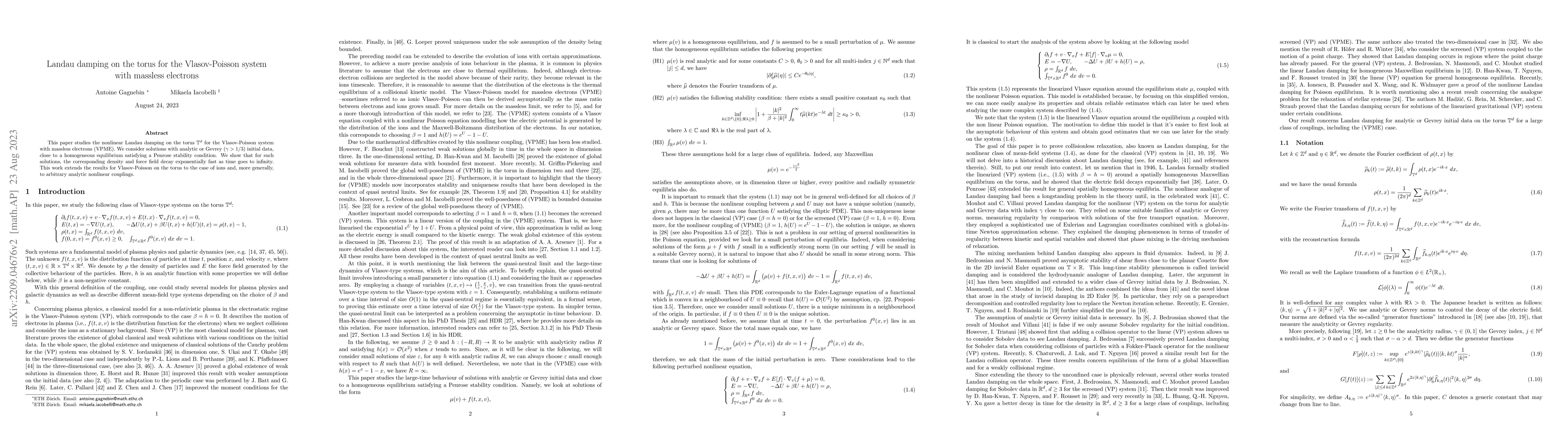 Thumbnail for Landau damping on the torus for the Vlasov-Poisson system with massless
  electrons
