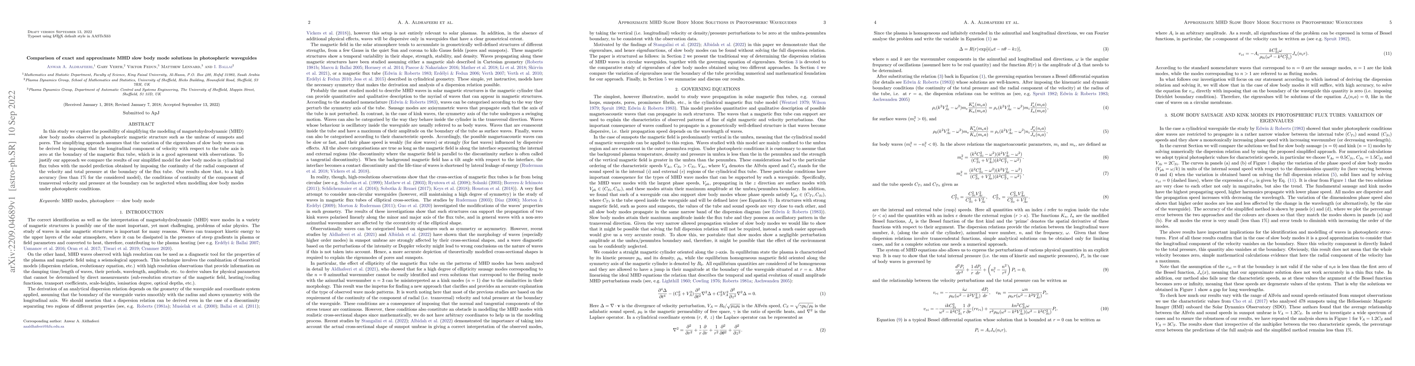 Thumbnail for Comparison of exact and approximate MHD slow body mode solutions in
  photospheric waveguides