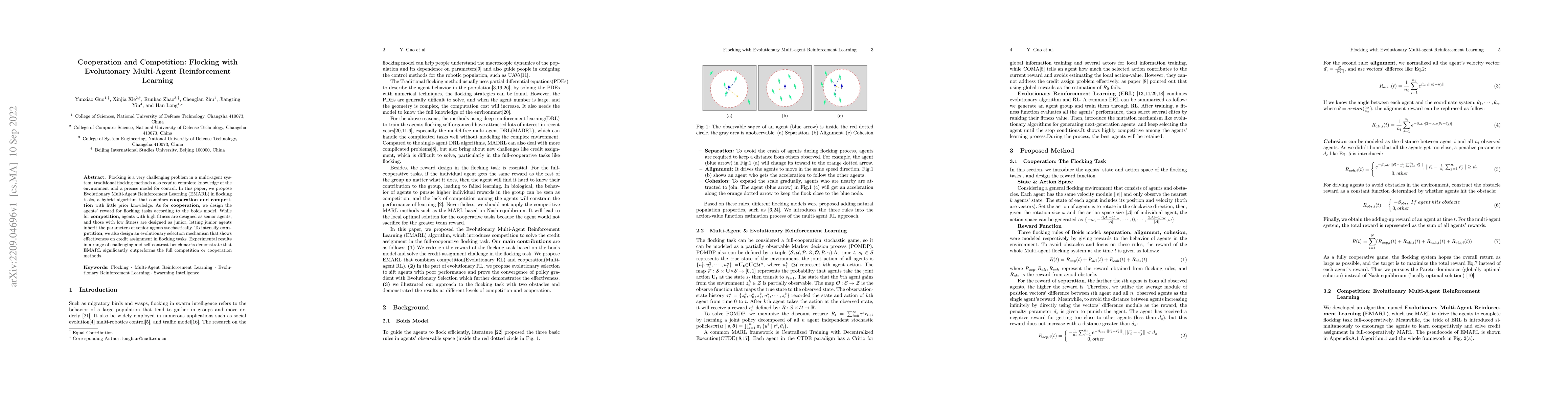 Thumbnail for Cooperation and Competition: Flocking with Evolutionary Multi-Agent
  Reinforcement Learning