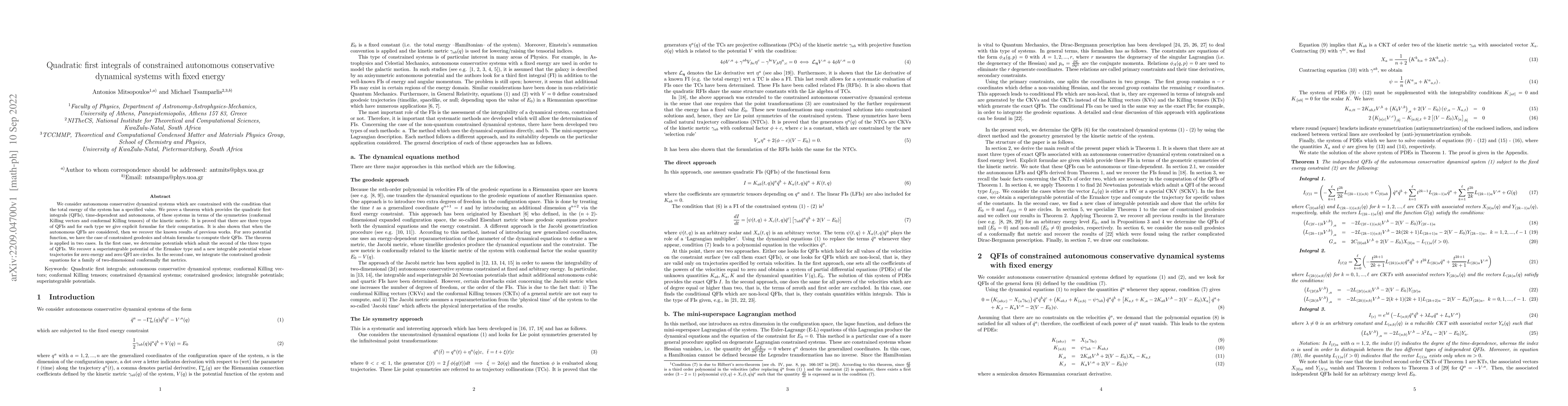 Thumbnail for Quadratic first integrals of constrained autonomous conservative
  dynamical systems with fixed energy