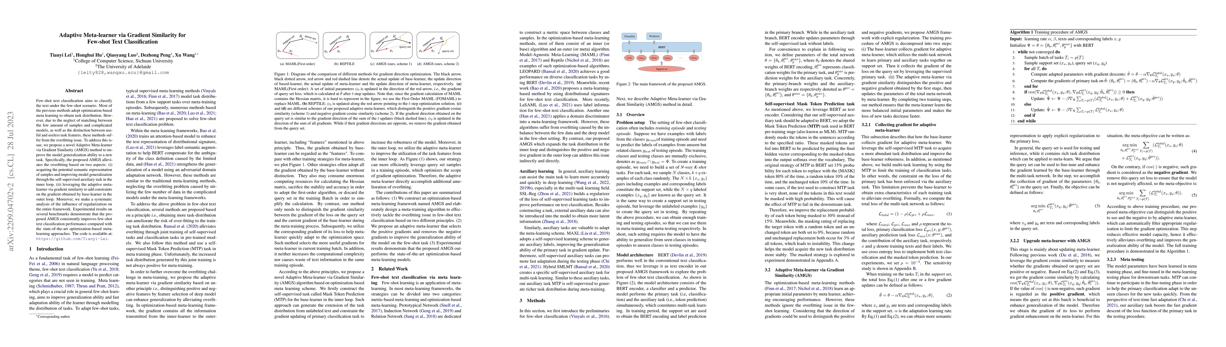 Thumbnail for Adaptive Meta-learner via Gradient Similarity for Few-shot Text
  Classification
