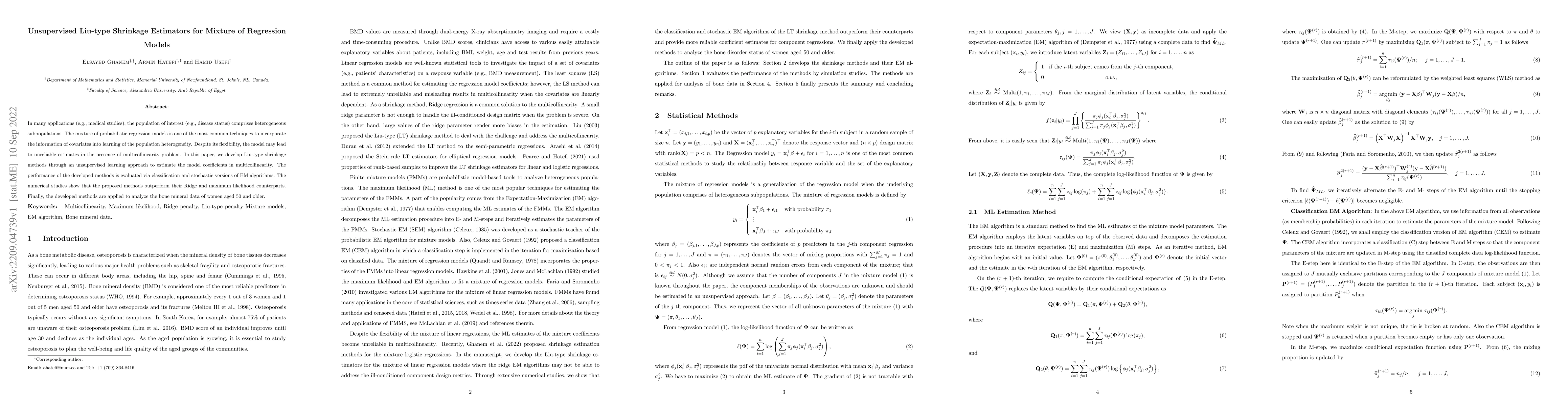 Thumbnail for Unsupervised Liu-type Shrinkage Estimators for Mixture of Regression
  Models