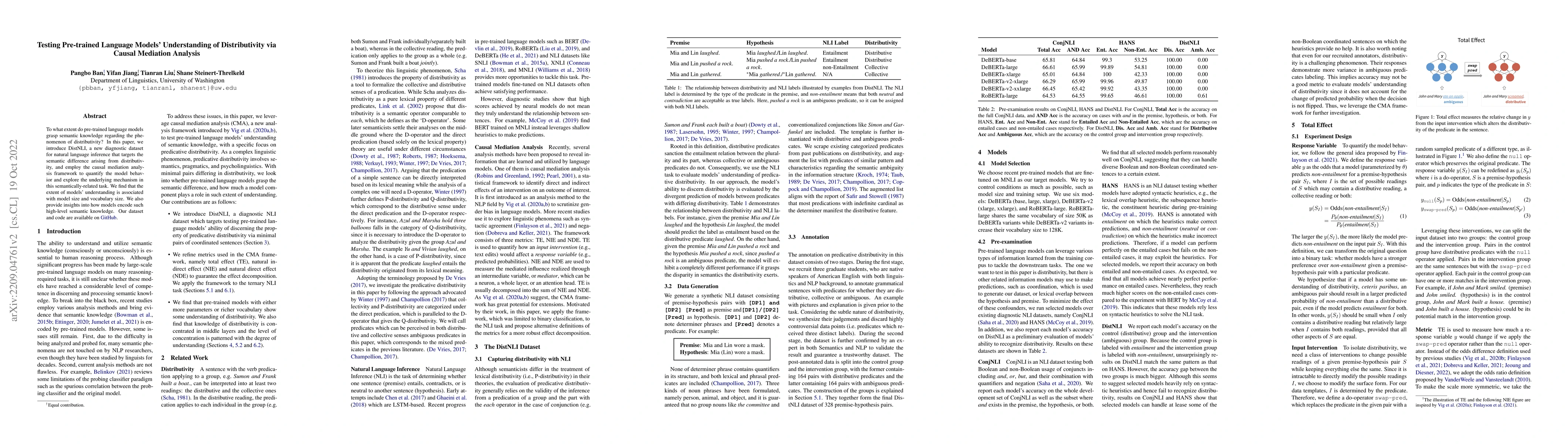 Thumbnail for Testing Pre-trained Language Models' Understanding of Distributivity via
  Causal Mediation Analysis