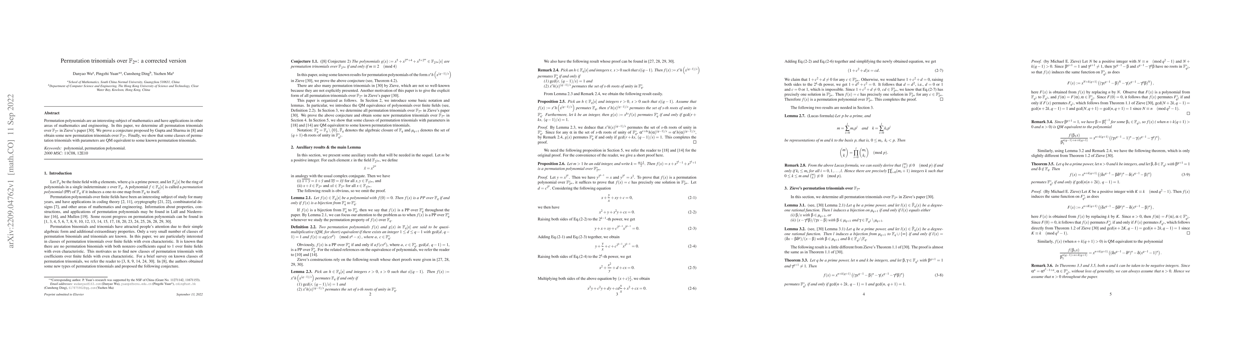 Thumbnail for Permutation trinomials over $\mathbb{F}_{2^m}$: a corrected version