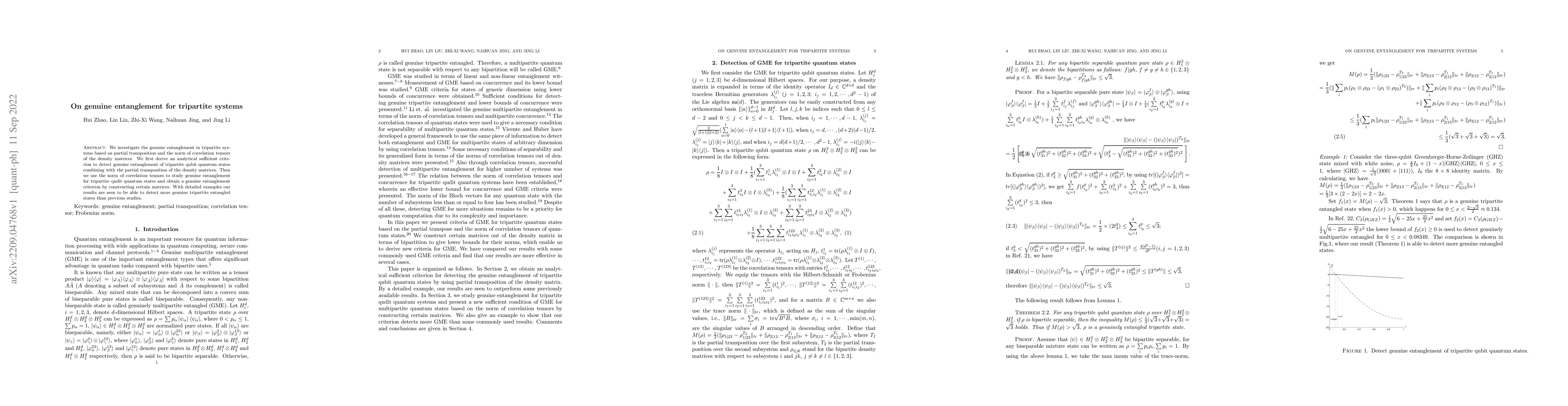 Thumbnail for On genuine entanglement for tripartite systems