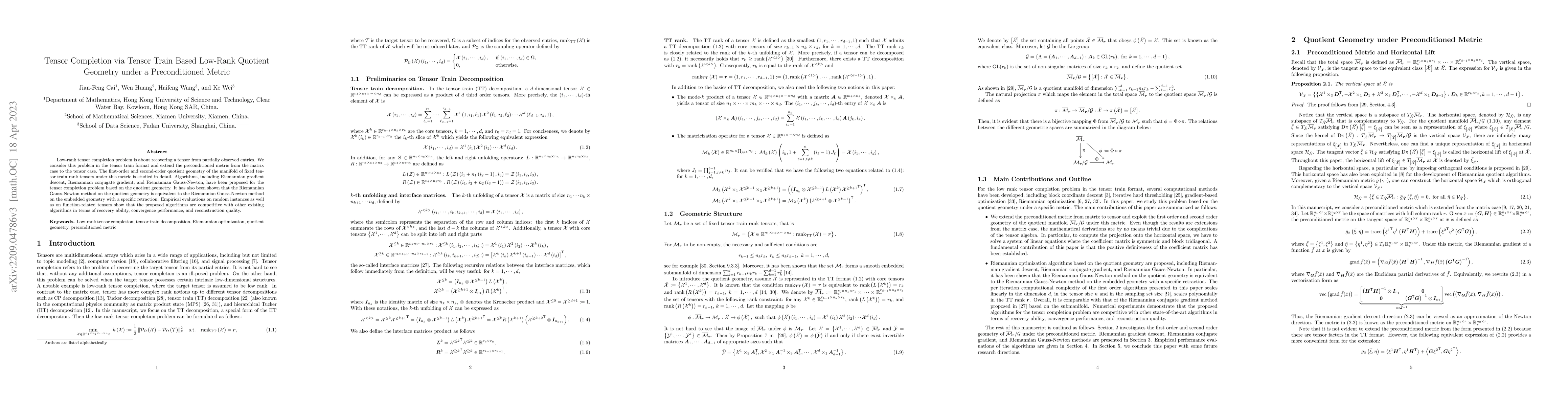Thumbnail for Tensor Completion via Tensor Train Based Low-Rank Quotient Geometry
  under a Preconditioned Metric