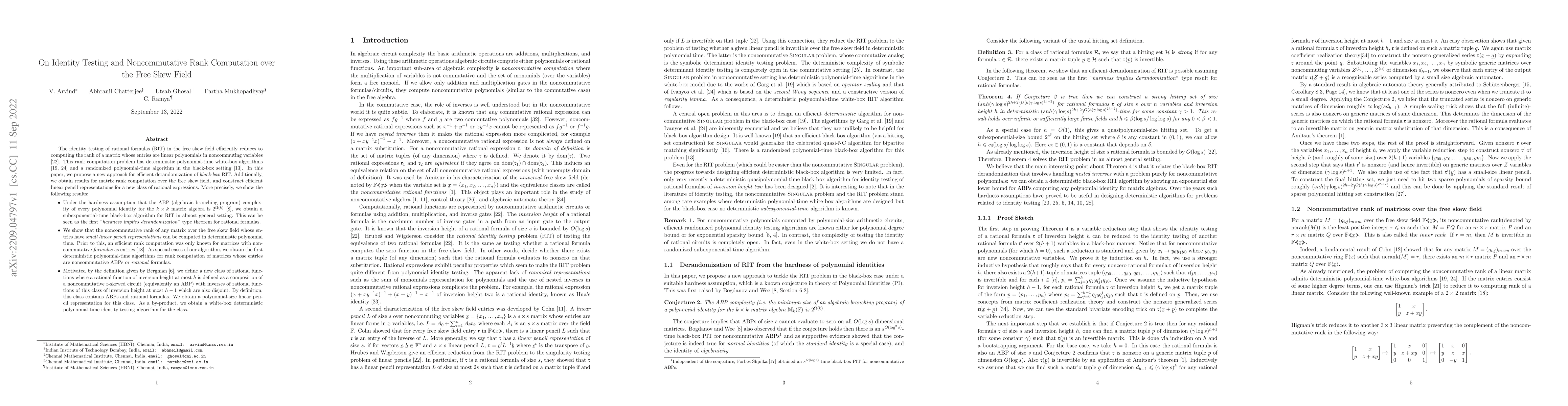 Thumbnail for On Identity Testing and Noncommutative Rank Computation over the Free
  Skew Field