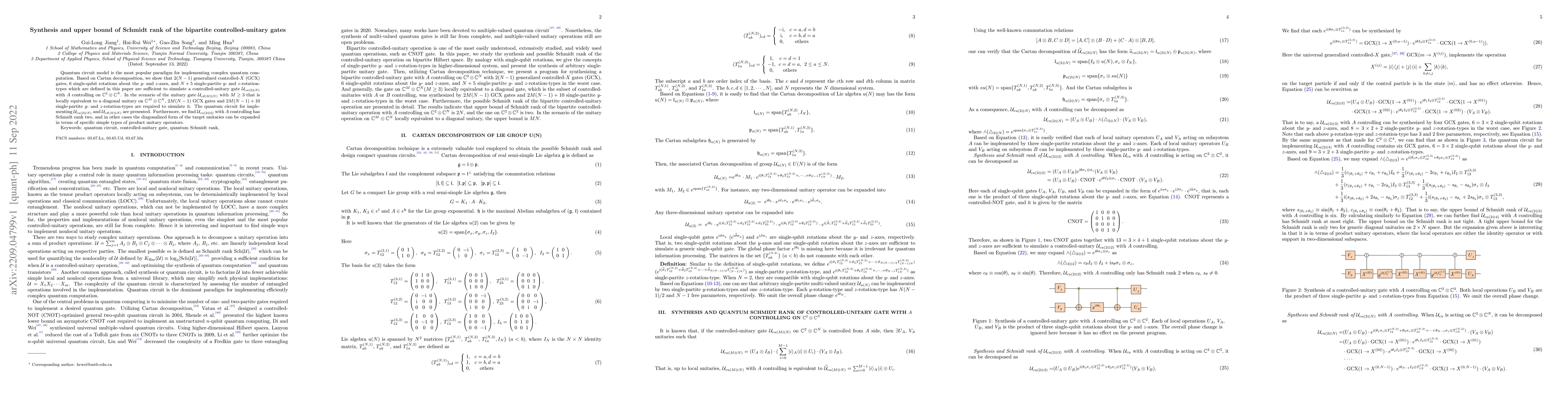 Thumbnail for Synthesis and upper bound of Schmidt rank of the bipartite
  controlled-unitary gates