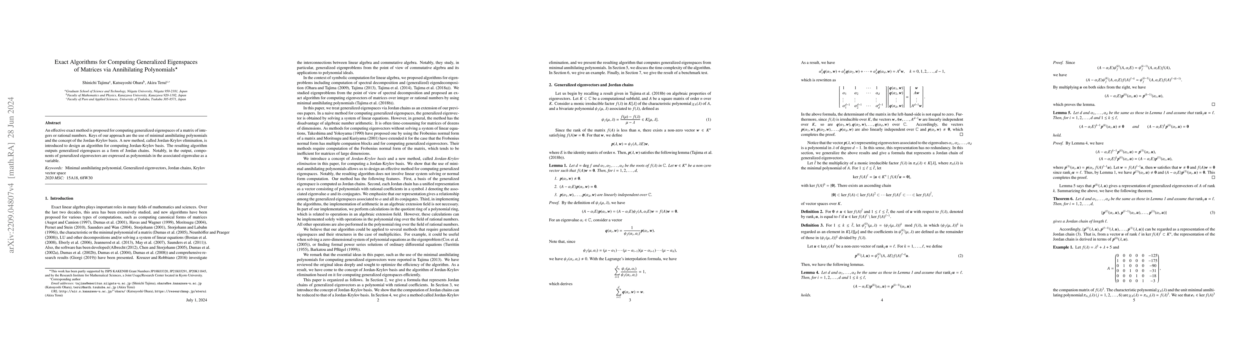 Thumbnail for Exact Algorithms for Computing Generalized Eigenspaces of Matrices via
  Annihilating Polynomials