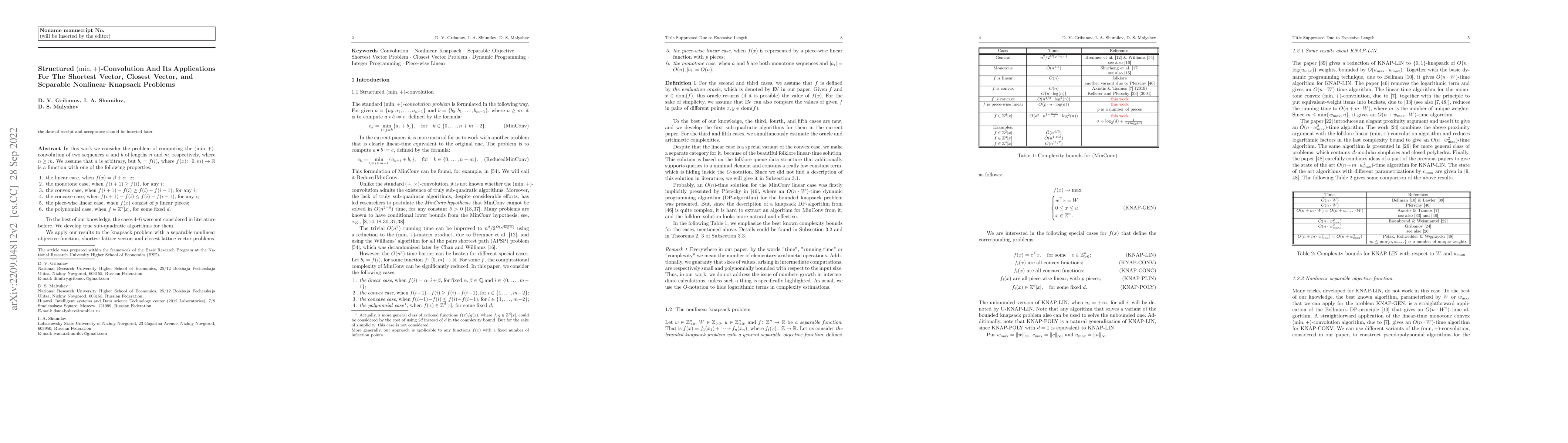 Thumbnail for Structured $(\min,+)$-Convolution And Its Applications For The Shortest
  Vector, Closest Vector, and Separable Nonlinear Knapsack Problems