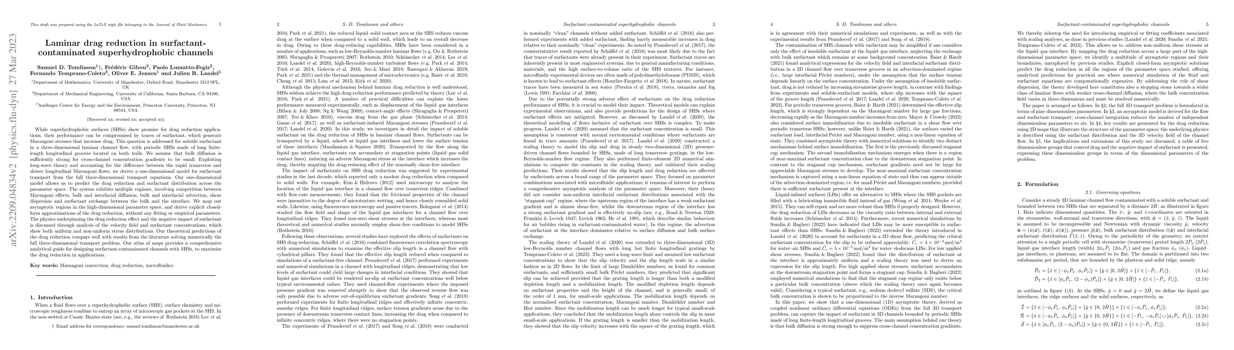 Thumbnail for Laminar drag reduction in surfactant-contaminated superhydrophobic
  channels