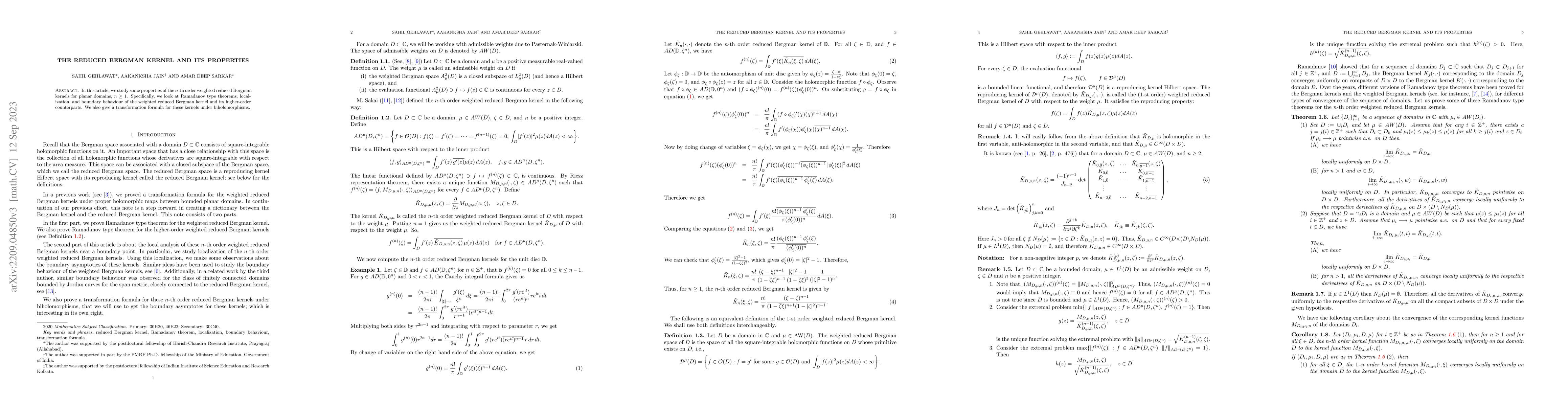 Thumbnail for The Reduced Bergman Kernel and its Properties