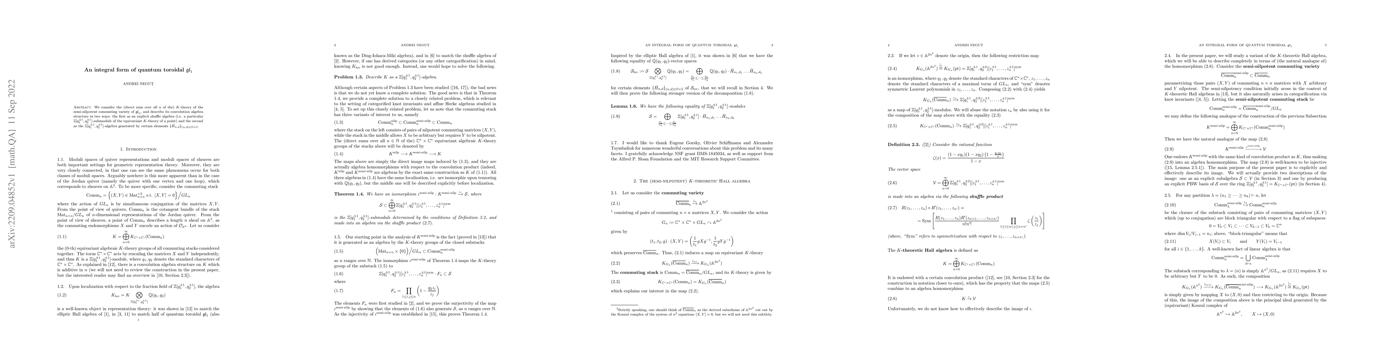 Thumbnail for An integral form of quantum toroidal $\mathfrak{gl}_1$