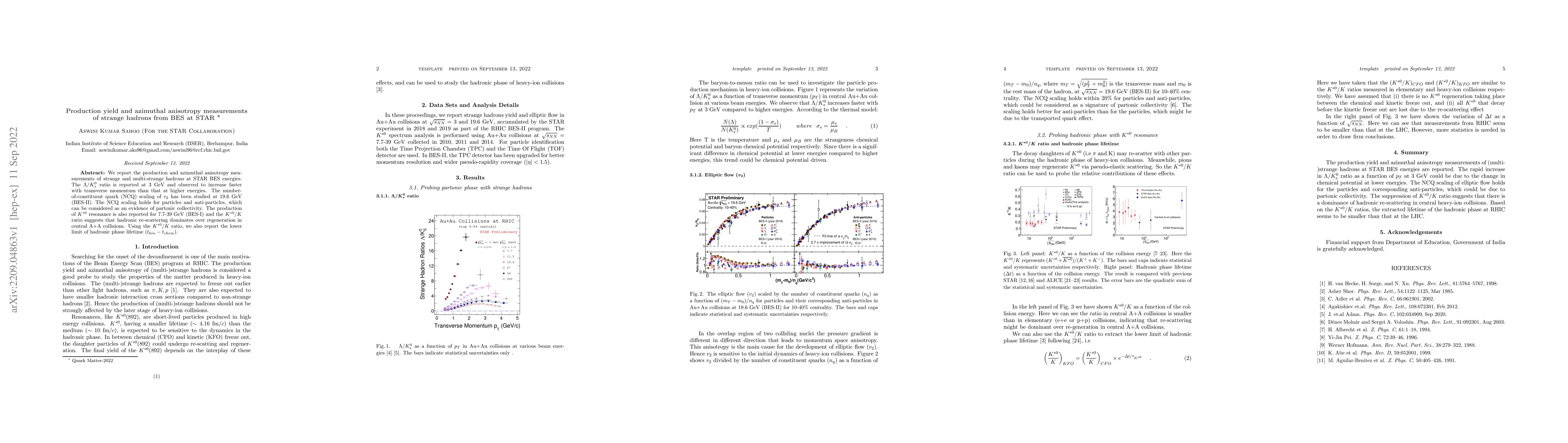 Thumbnail for Production yield and azimuthal anisotropy measurements of strange
  hadrons from BES at STAR
